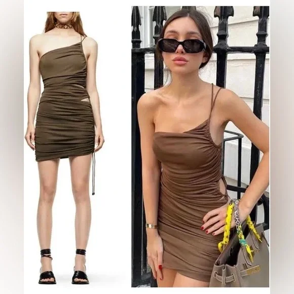 NWOT Zara Brown Asymmetric Draped Cut Out Ruched Mini Dress - Picture 4 of 7